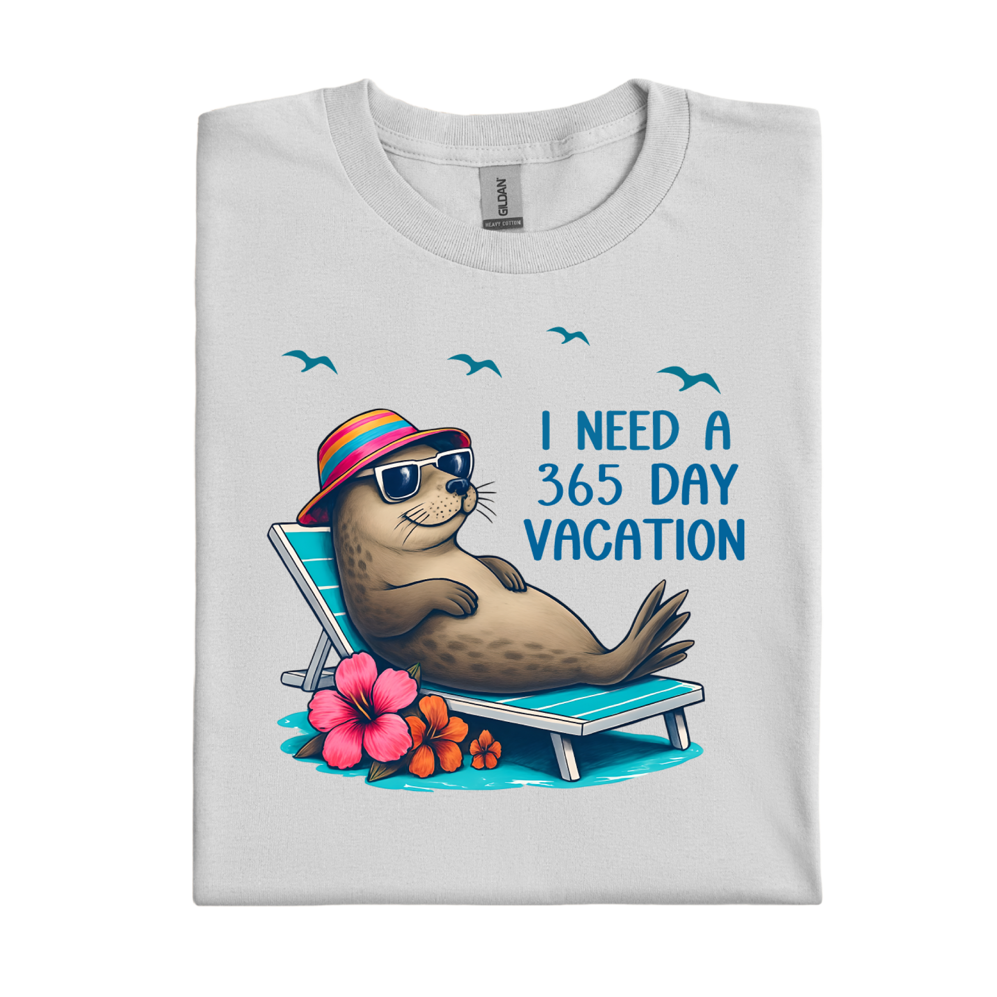 Ice Grey t-shirt with a seal graphic and text 'I Need a 365 Day Vacation' on a white background