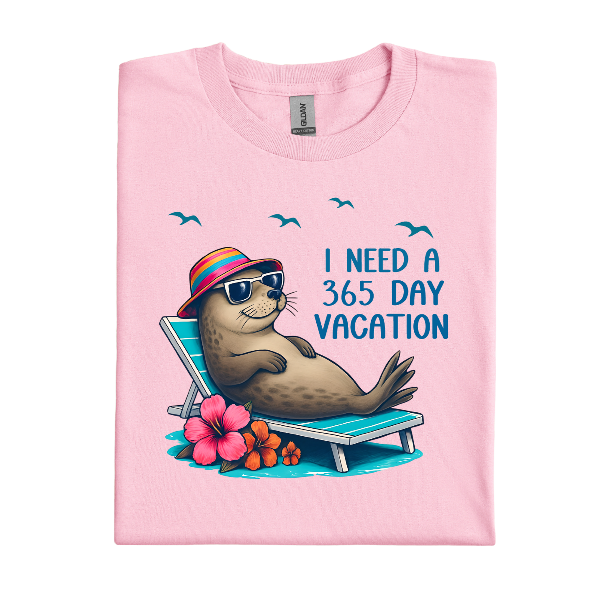 Pink t-shirt with a seal graphic and text on a white background