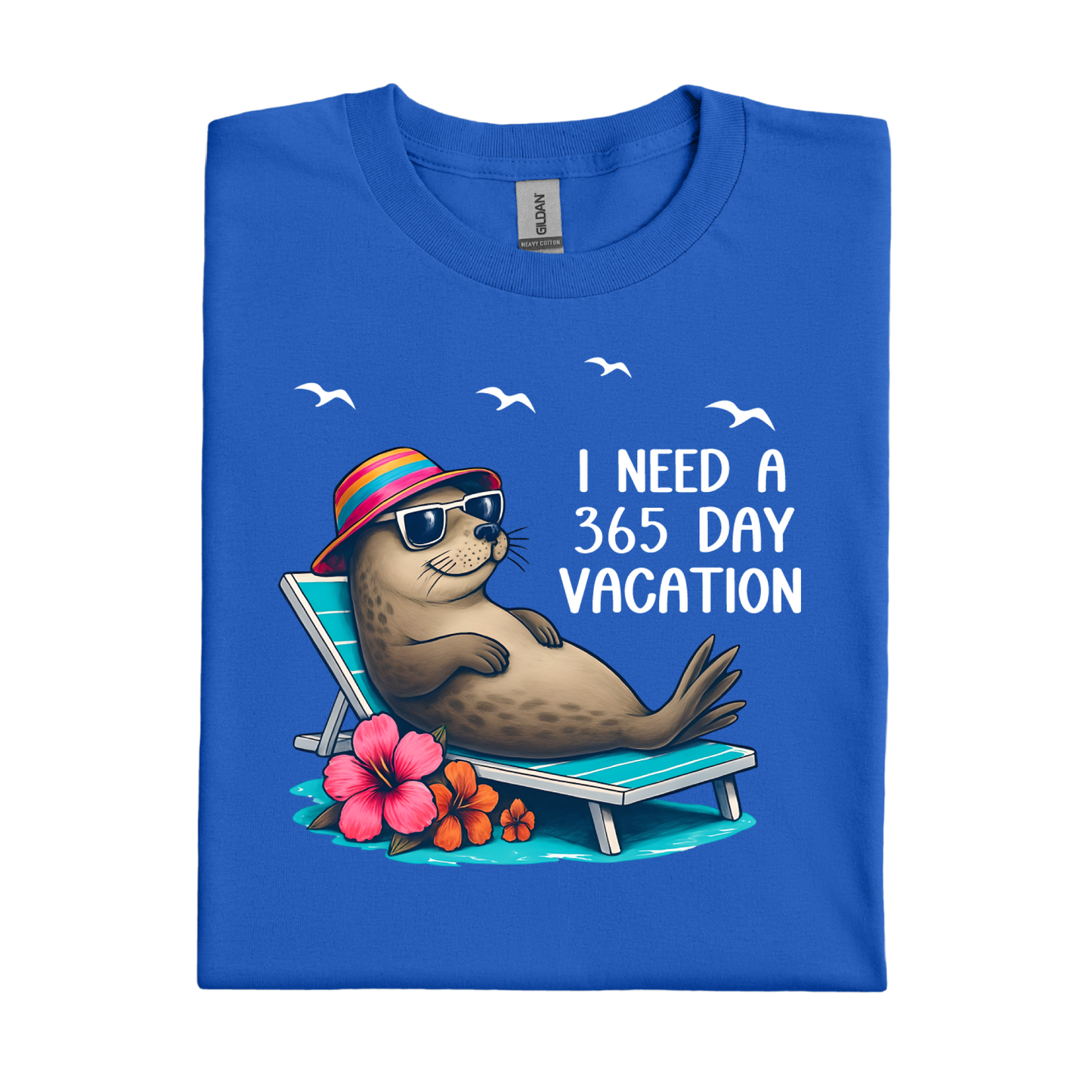 Royal Blue t-shirt with a seal graphic and text on a white background