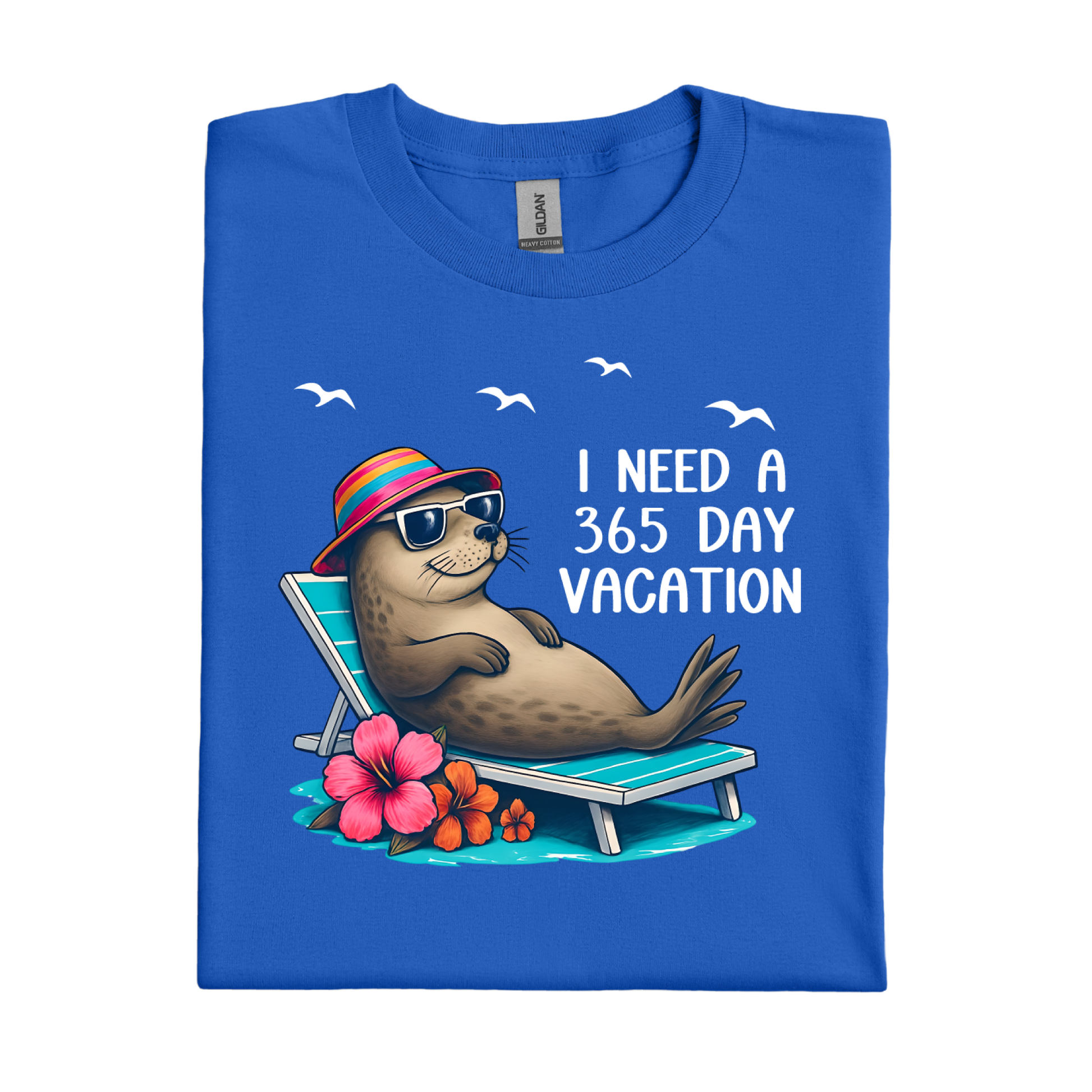 Royal Blue t-shirt with a seal graphic and text on a white background