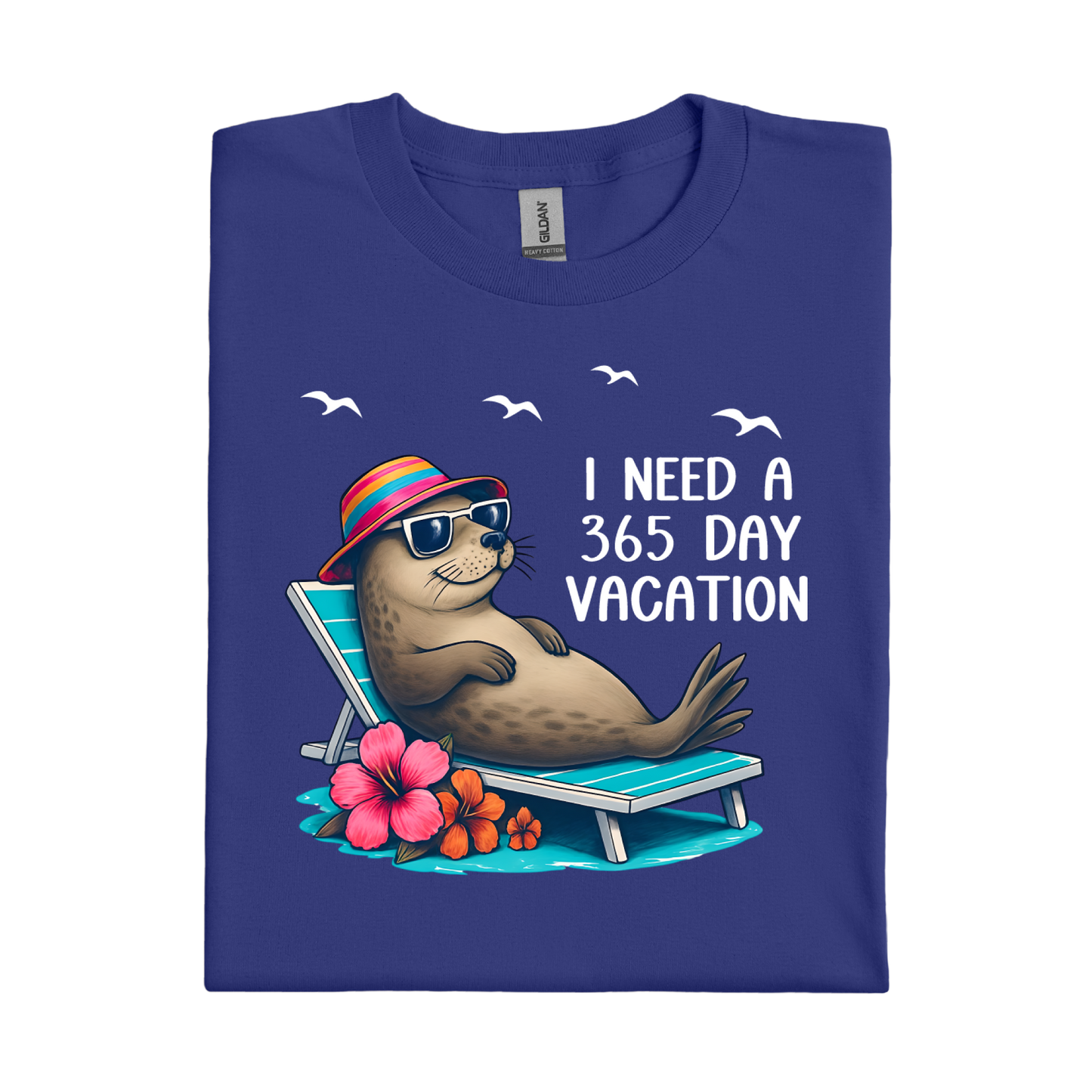 Royal Blue t-shirt with a seal graphic and text on a white background