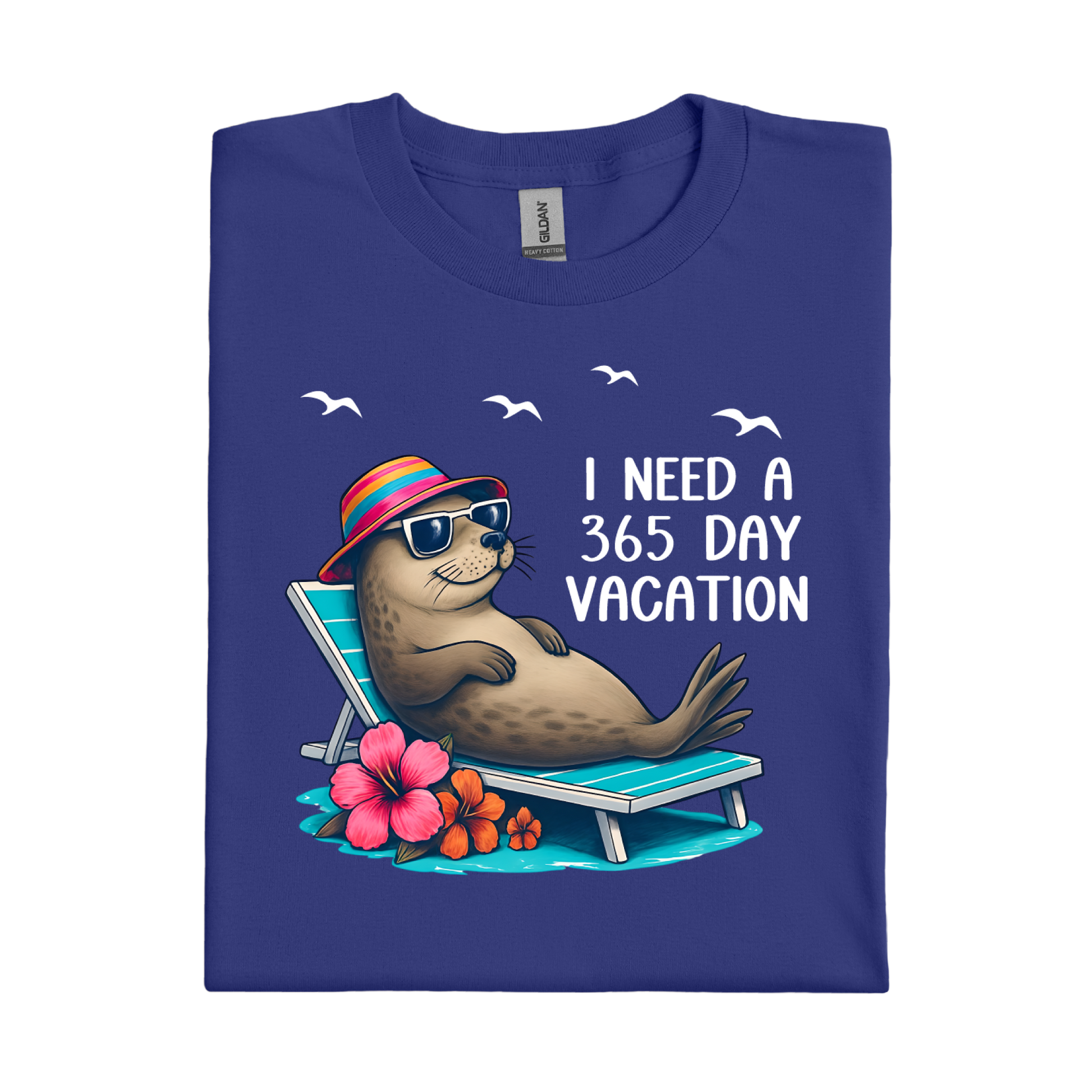 Royal Blue t-shirt with a seal graphic and text on a white background