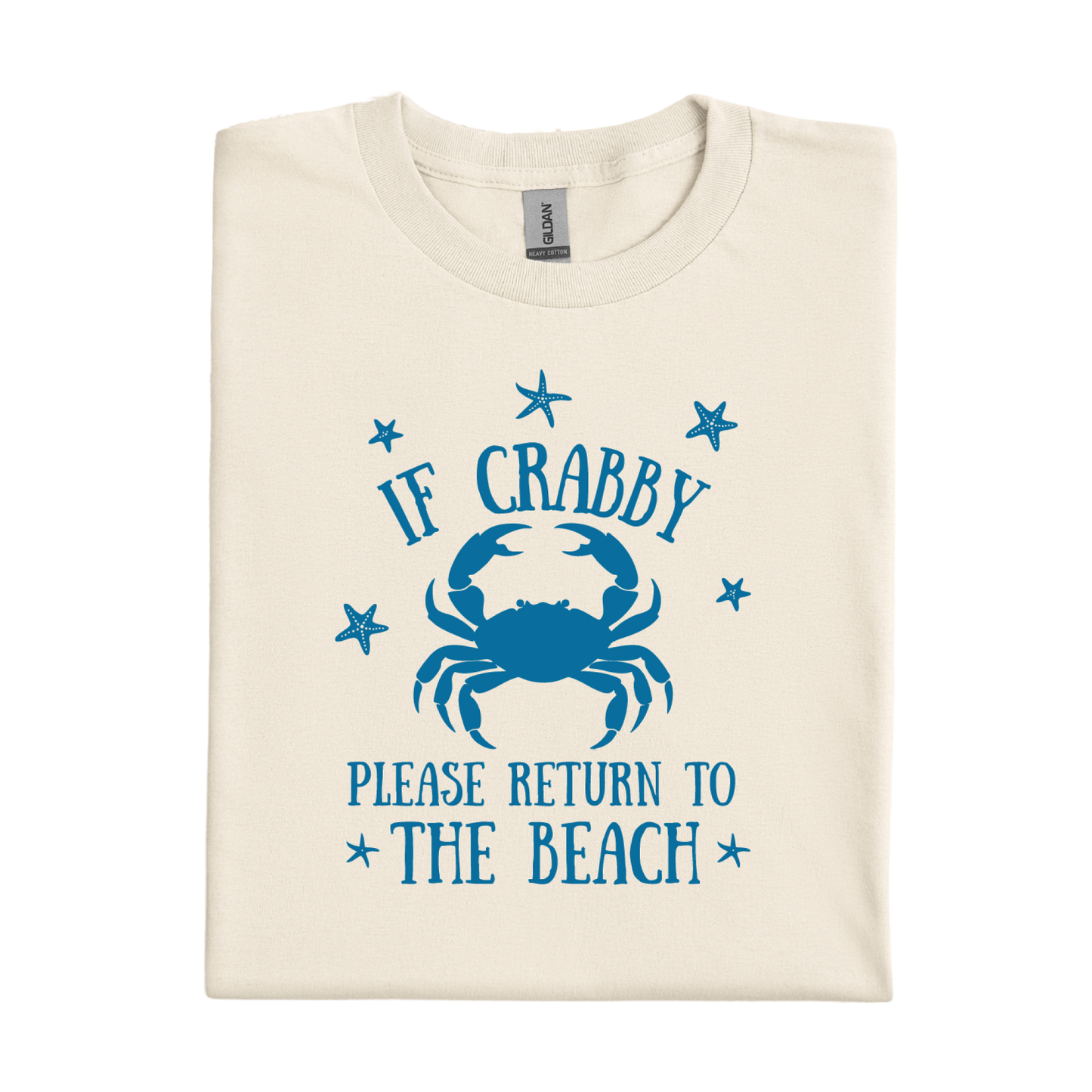Natural t-shirt with blue crab graphic and text on a white background