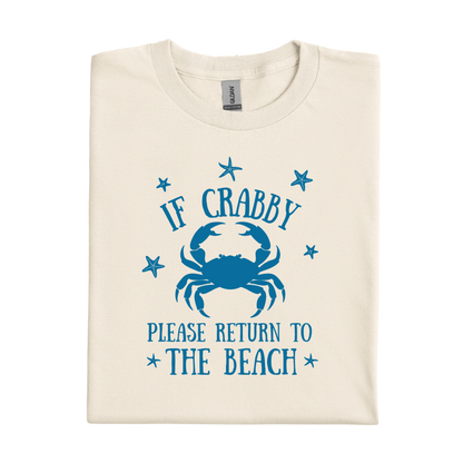 Natural t-shirt with blue crab graphic and text on a white background