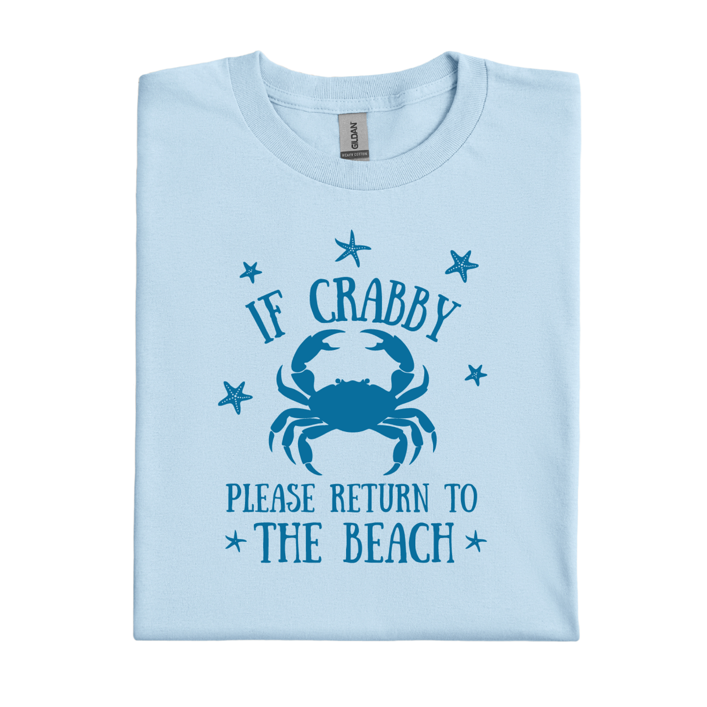 Light blue t-shirt with a crab graphic and text on a white background