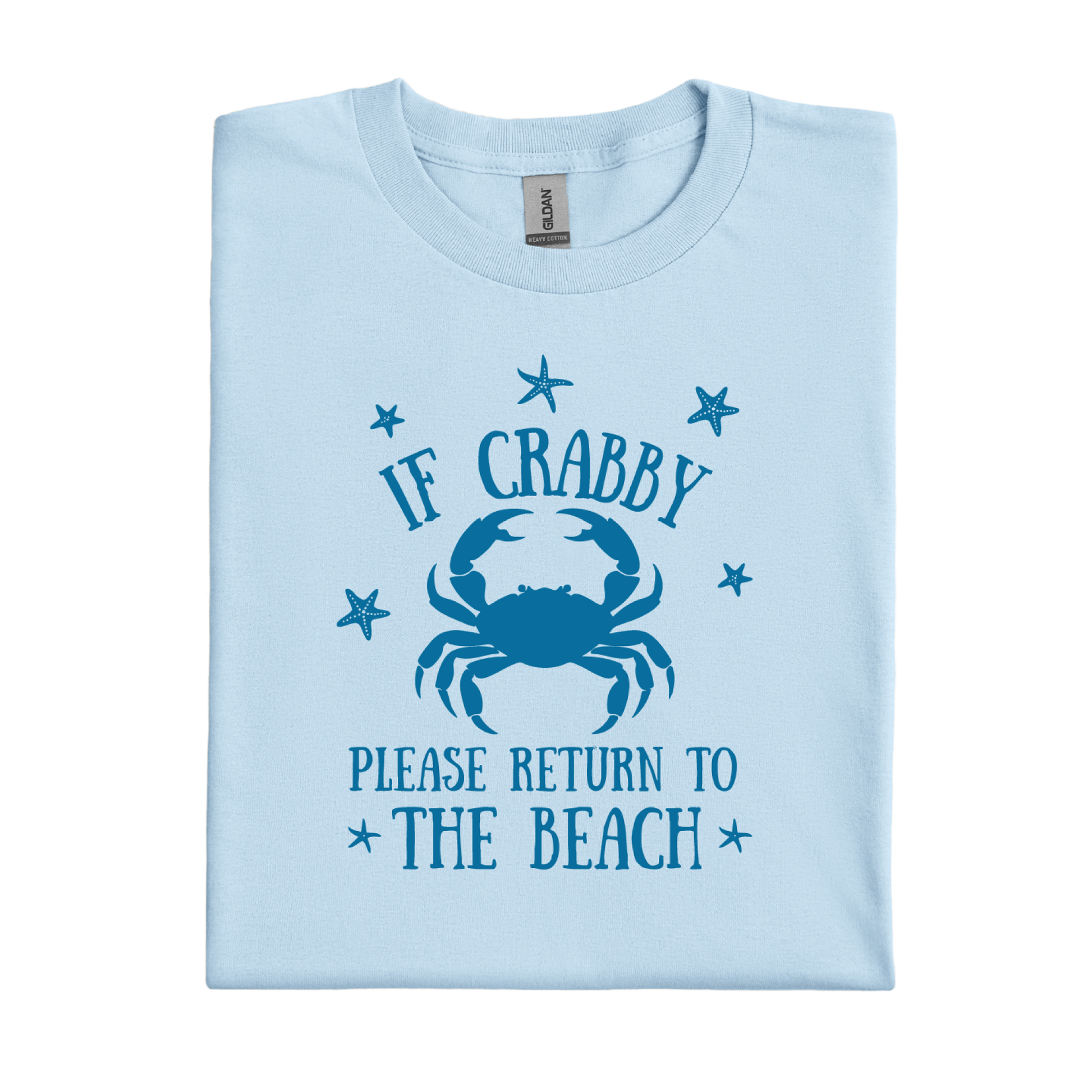 Light blue t-shirt with a crab graphic and text on a white background