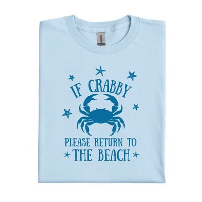 Light blue t-shirt with a crab graphic and text on a white background