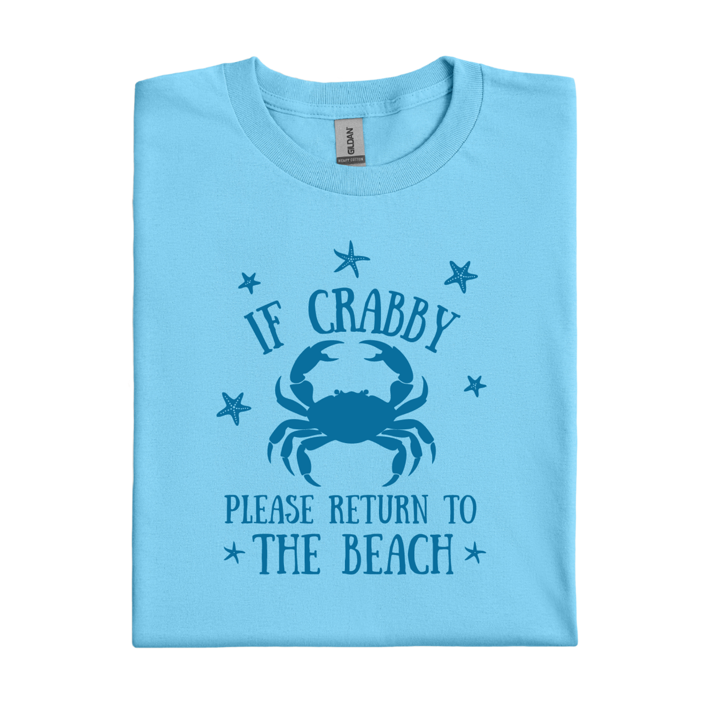 Sky blue t-shirt with crab graphic and text on a white background