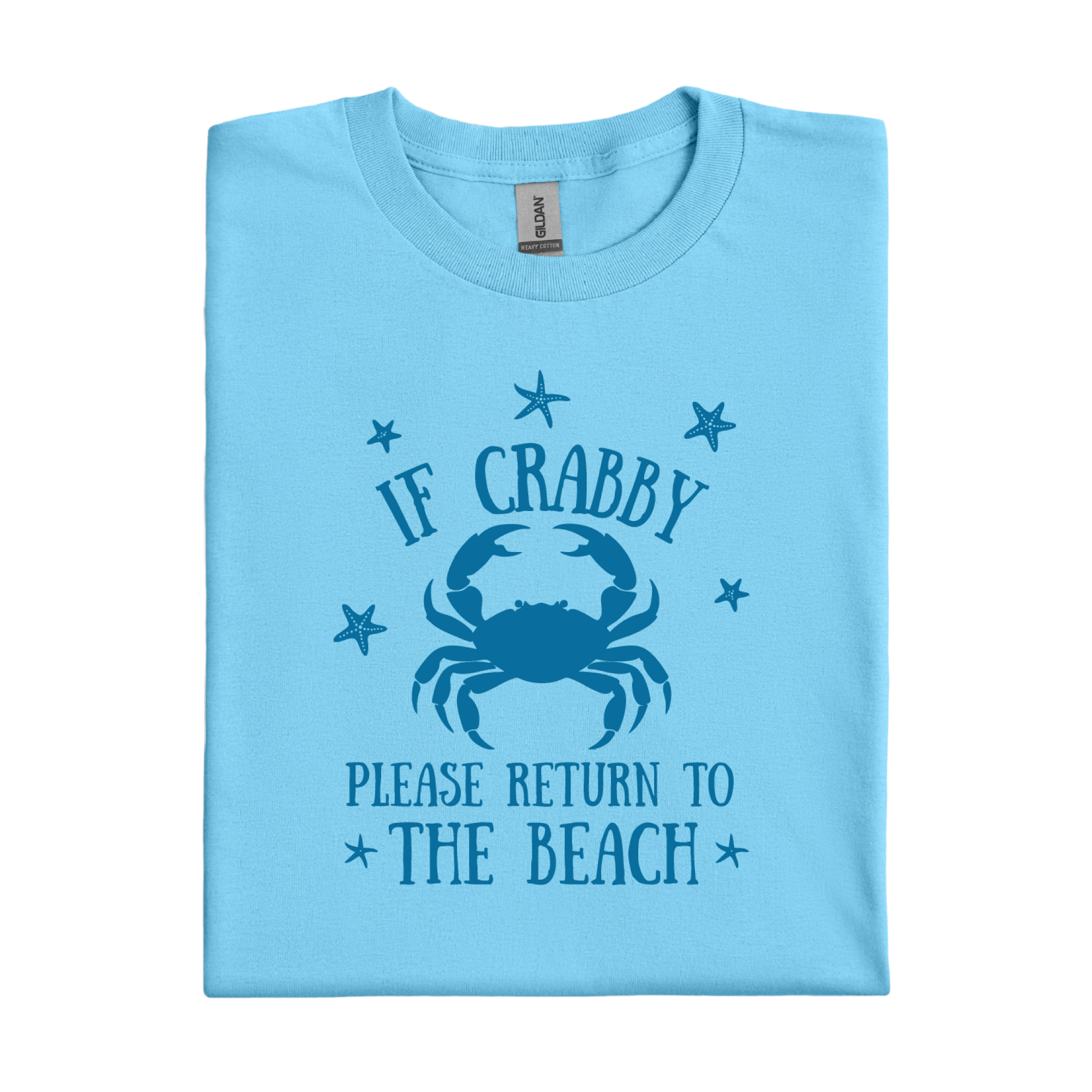 Sky blue t-shirt with crab graphic and text on a white background