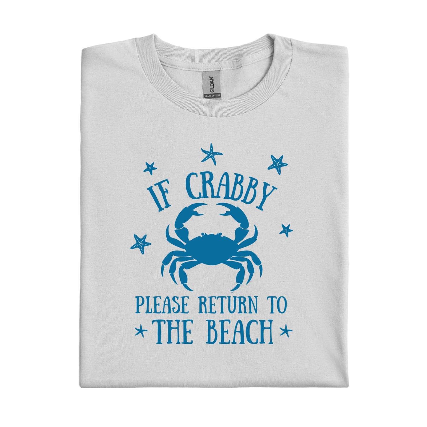 Folded ice grey t-shirt with blue crab graphic and text on a white background