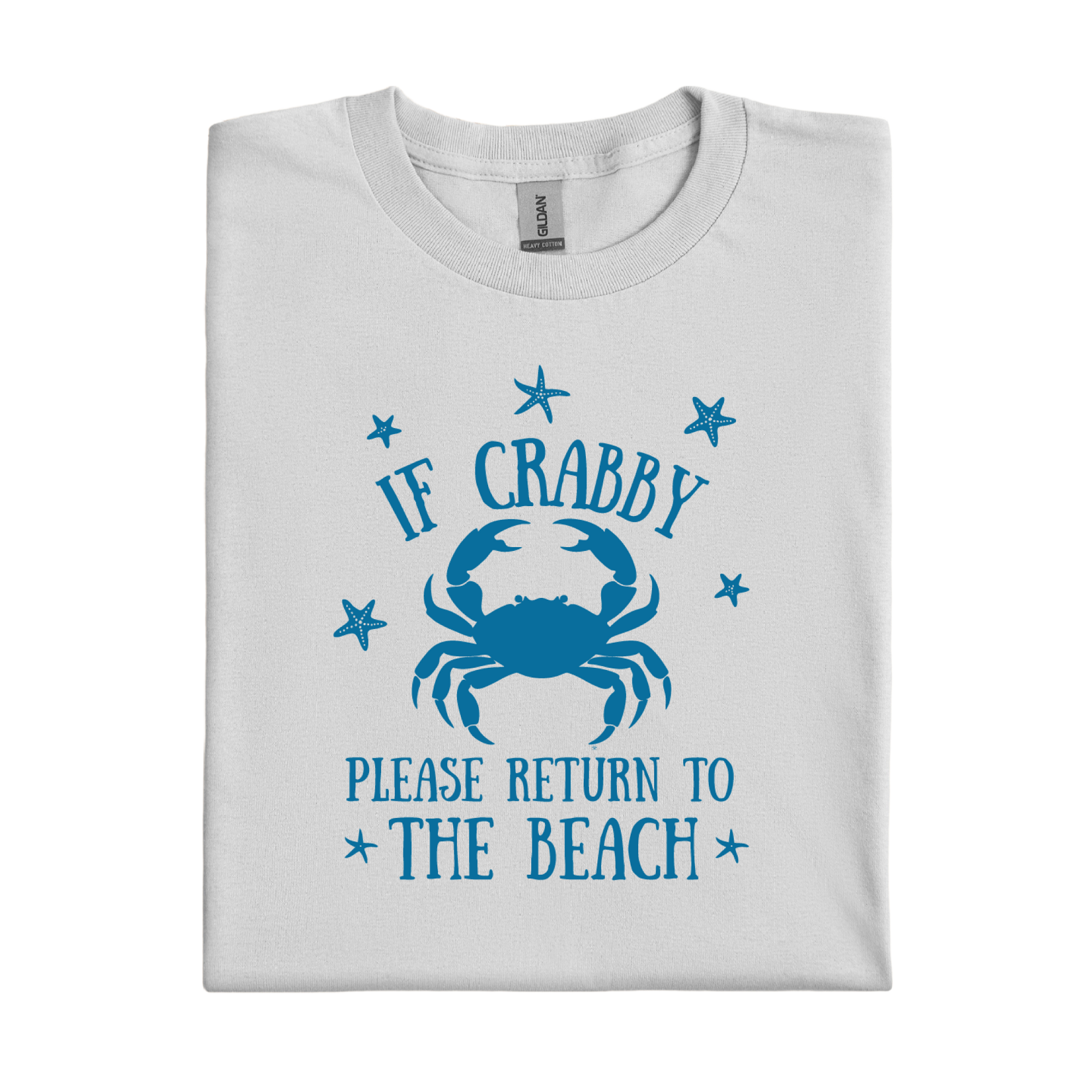 Folded ice grey t-shirt with blue crab graphic and text on a white background