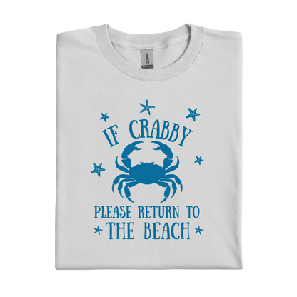 Folded ice grey t-shirt with blue crab graphic and text on a white background