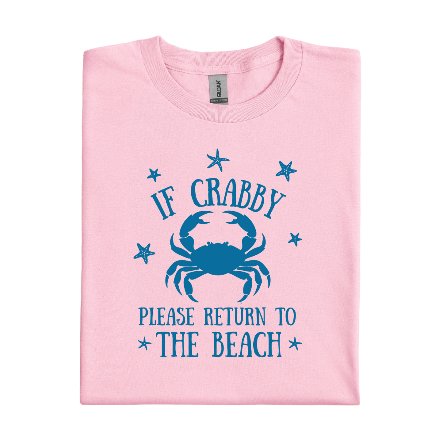 Light Pink t-shirt with blue crab graphic and text on a white background