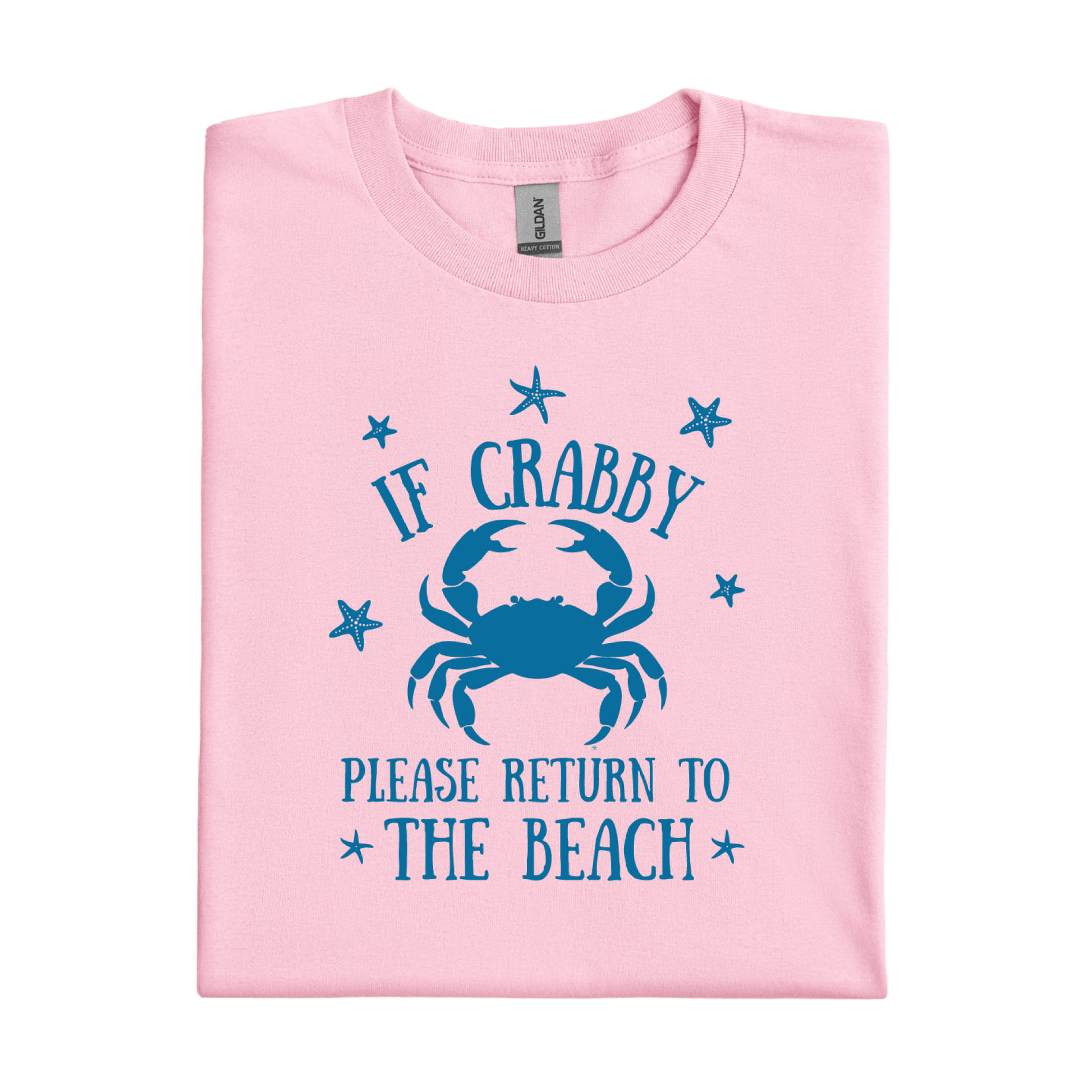 Light Pink t-shirt with blue crab graphic and text on a white background