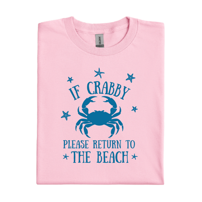 Light Pink t-shirt with blue crab graphic and text on a white background