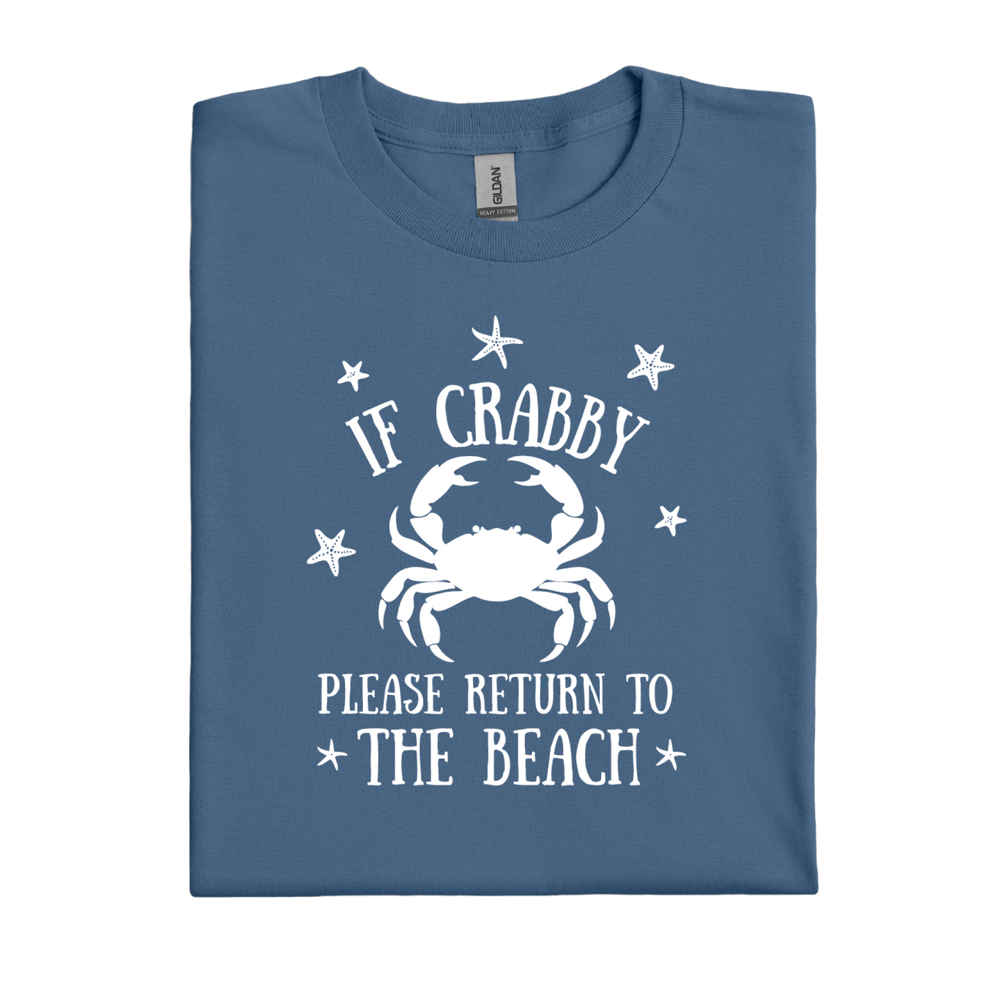 Folded indigo blue t-shirt with white crab graphic and text on a white background