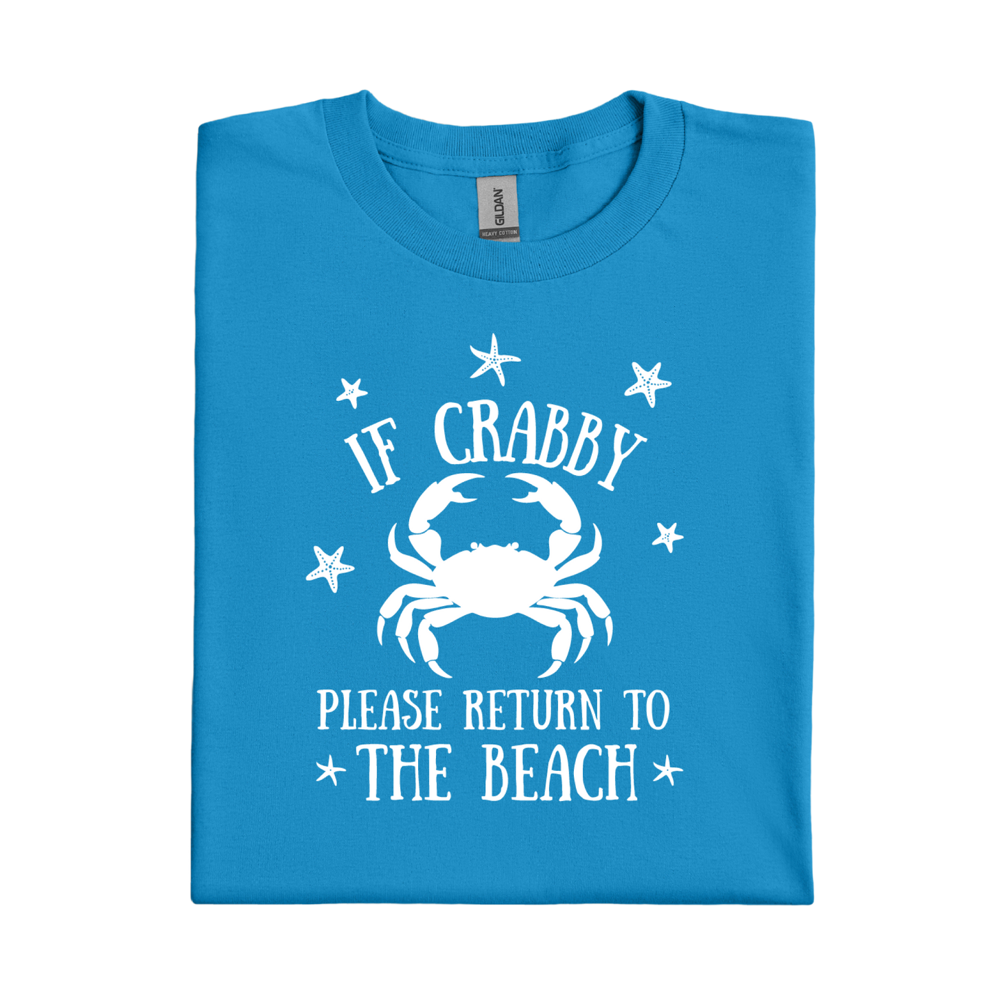 Sapphire Blue t-shirt with white crab graphic and text on a white background
