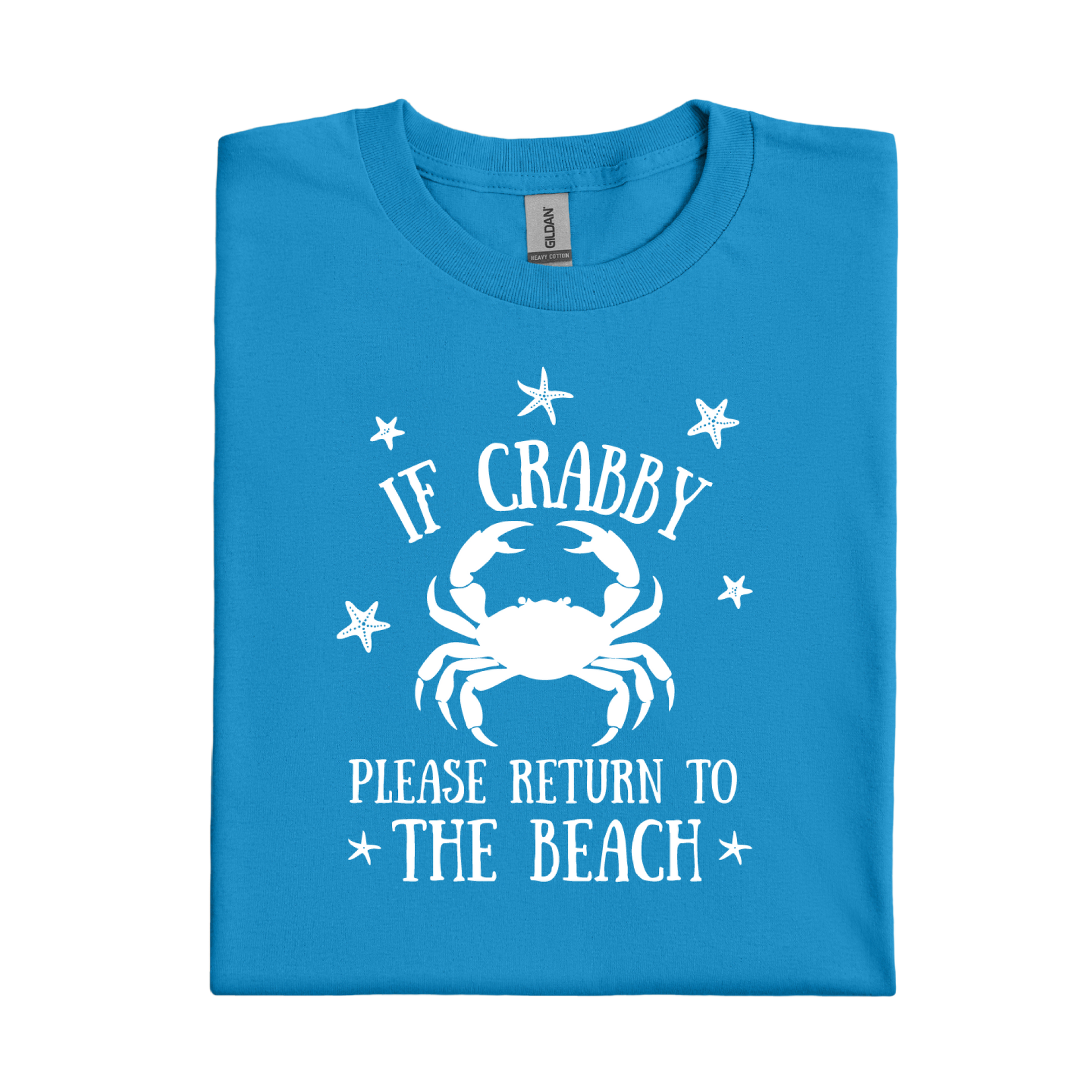 Sapphire Blue t-shirt with white crab graphic and text on a white background