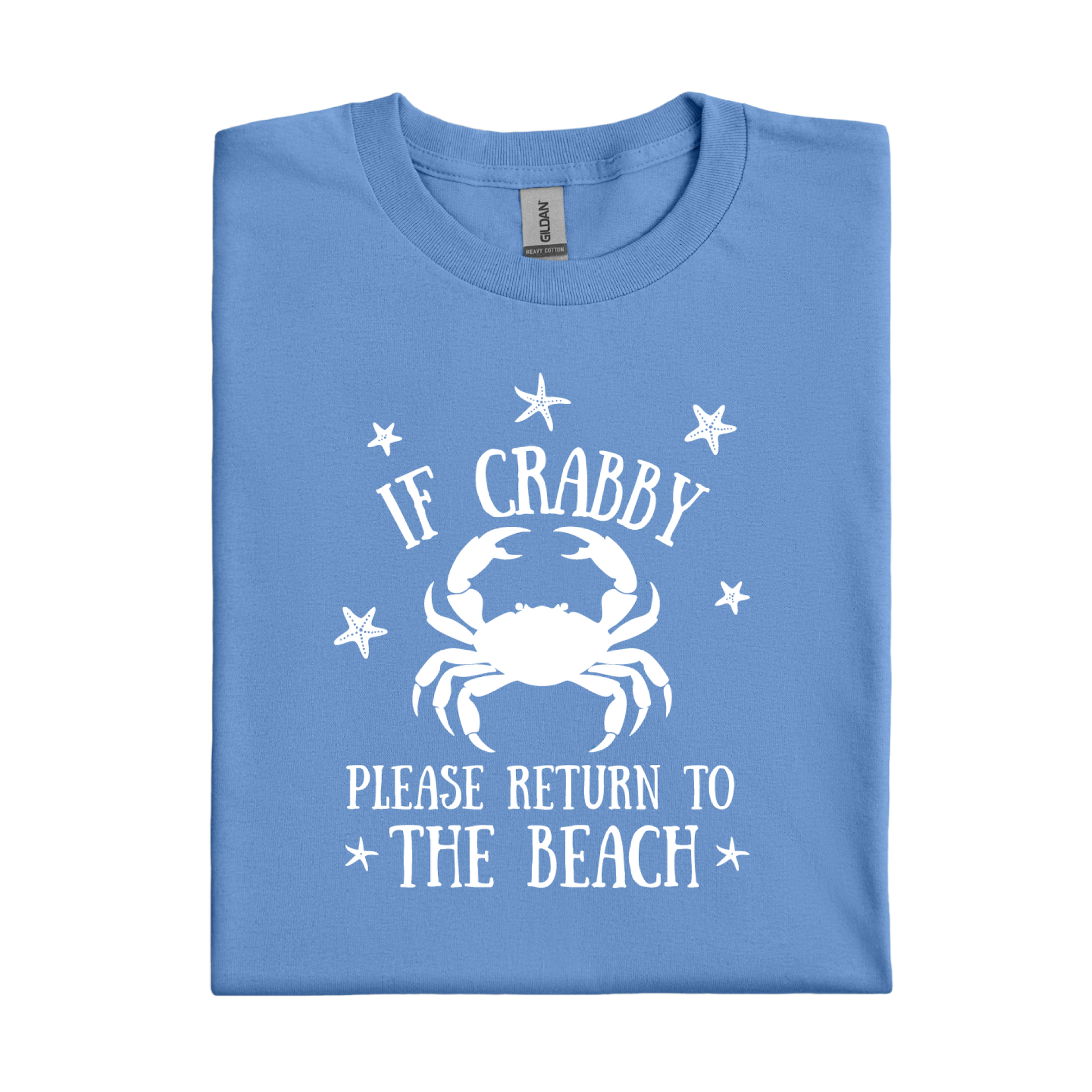 Folded Carolina blue t-shirt with white crab graphic and text on a white background