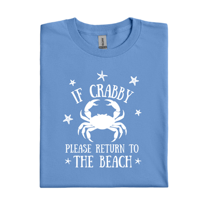 Folded Carolina blue t-shirt with white crab graphic and text on a white background