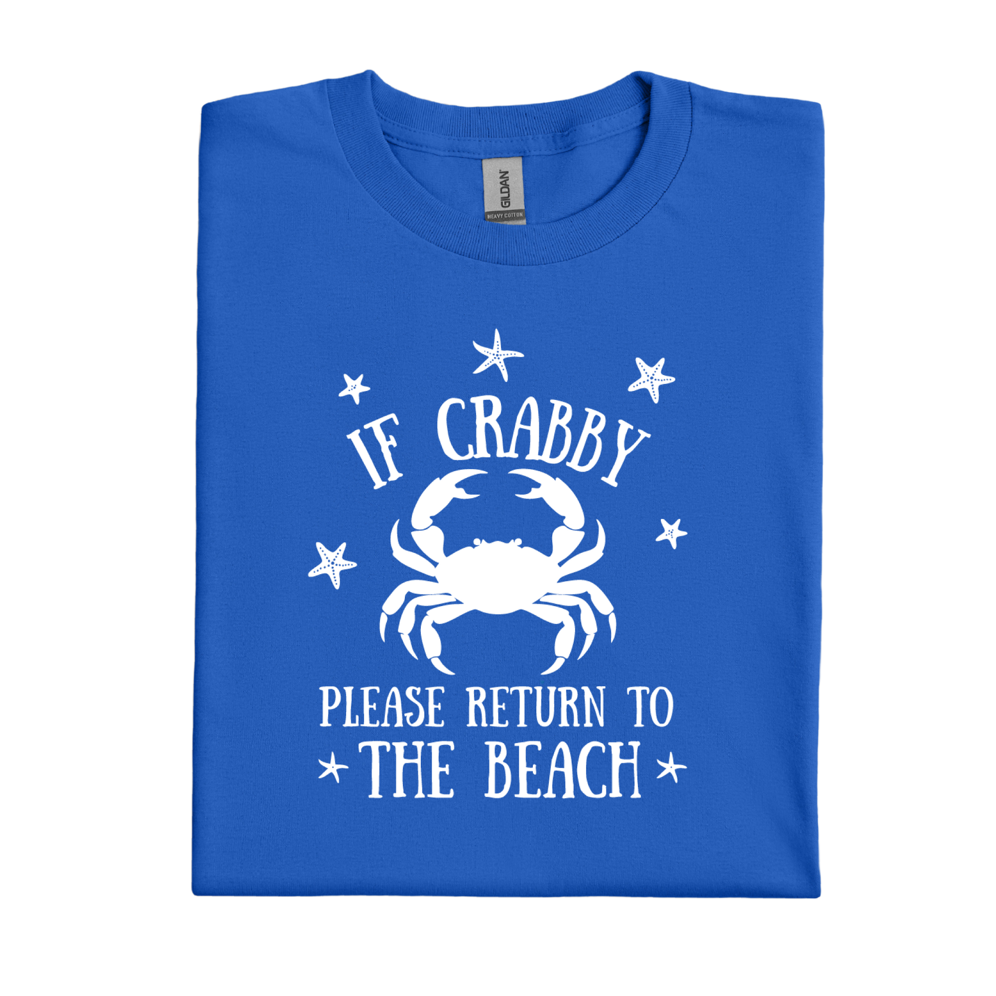 Folded royal blue t-shirt with white crab graphic and text on a white background