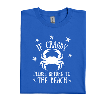 Folded royal blue t-shirt with white crab graphic and text on a white background