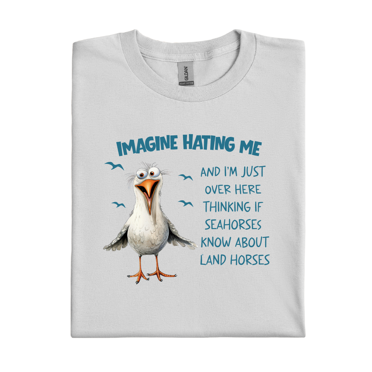 Ice Grey t-shirt with a cartoon seagull and humorous text on a white background