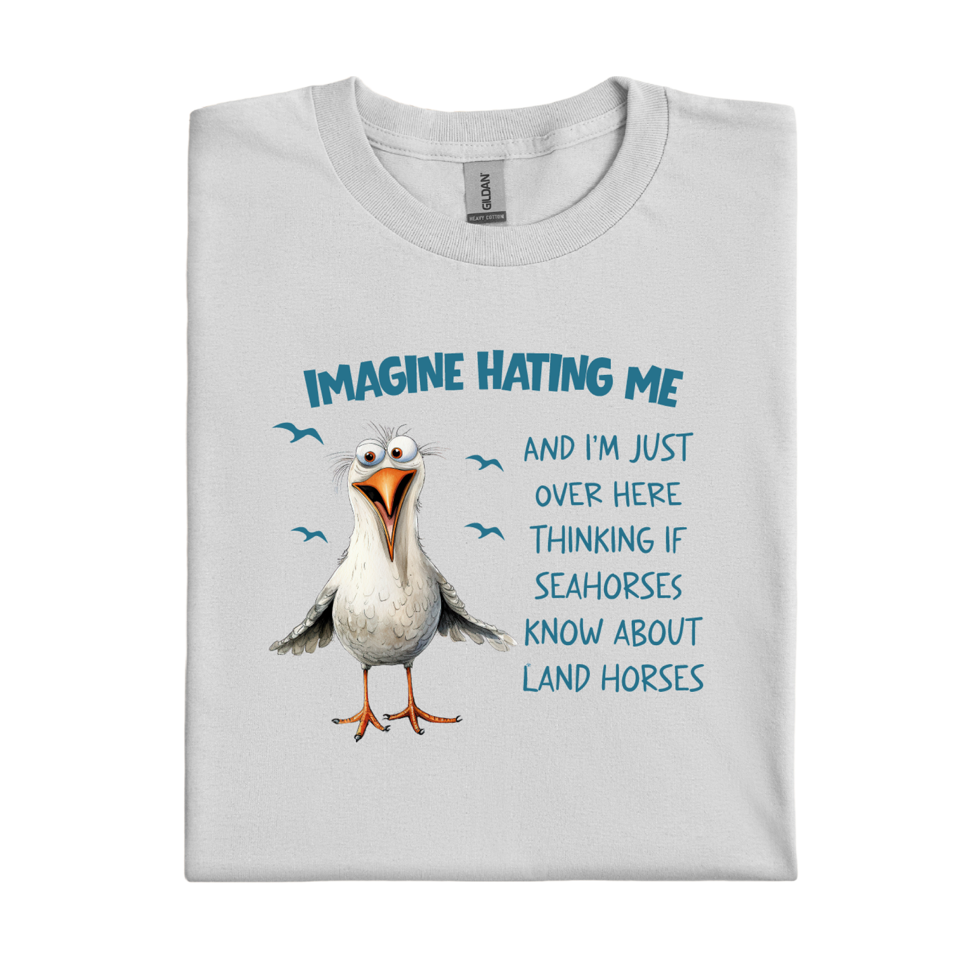 Ice Grey t-shirt with a cartoon seagull and humorous text on a white background