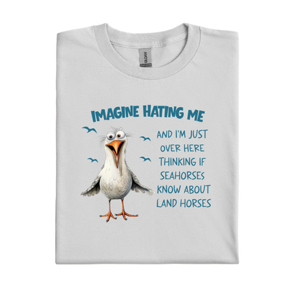 Ice Grey t-shirt with a cartoon seagull and humorous text on a white background