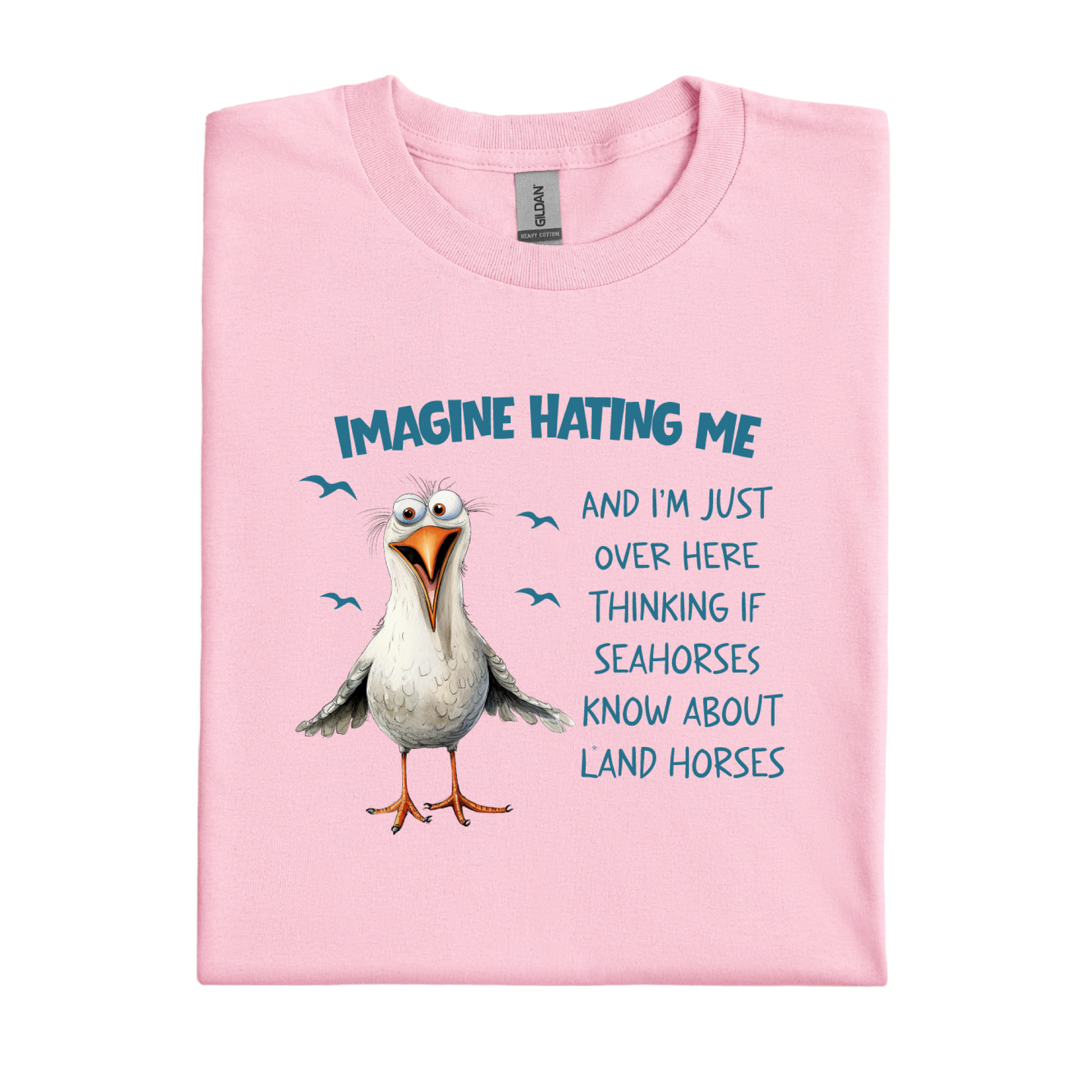 Light Pink t-shirt with a cartoon seagull and humorous text on a white background