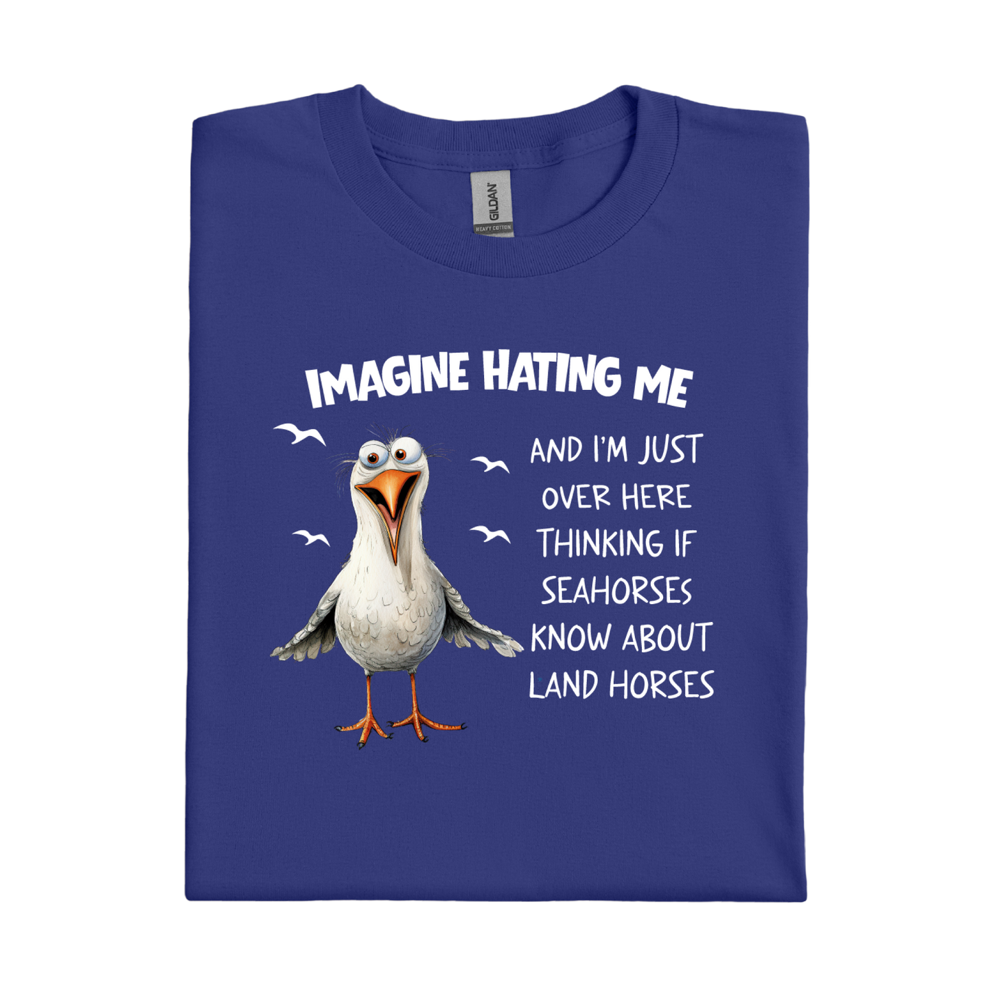 Cobalt Blue t-shirt with a cartoon seagull and humorous text on a white background