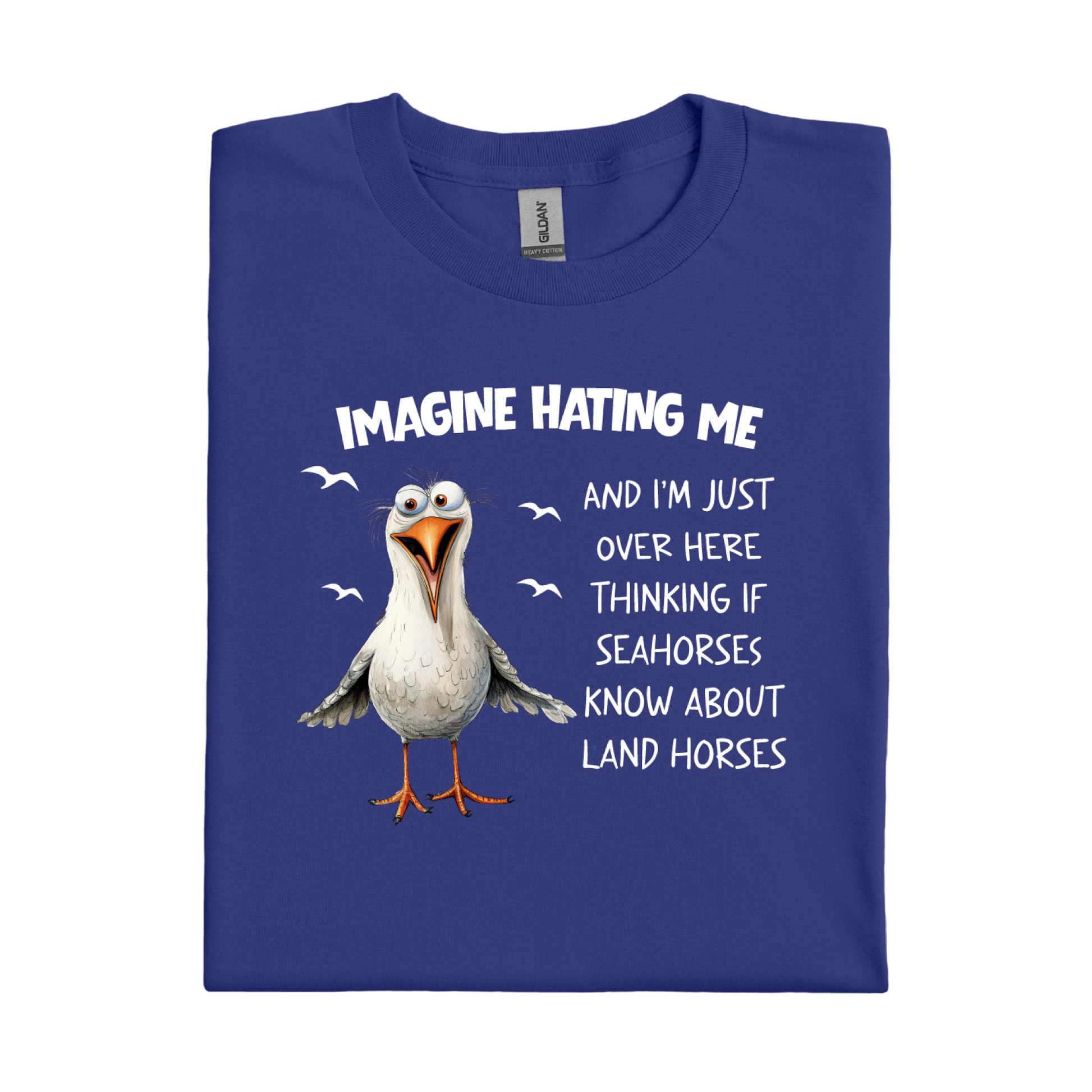 Cobalt Blue t-shirt with a cartoon seagull and humorous text on a white background