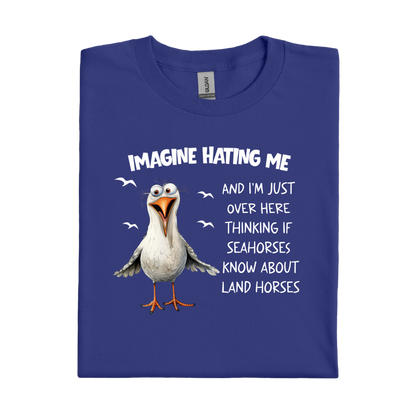 Cobalt Blue t-shirt with a cartoon seagull and humorous text on a white background
