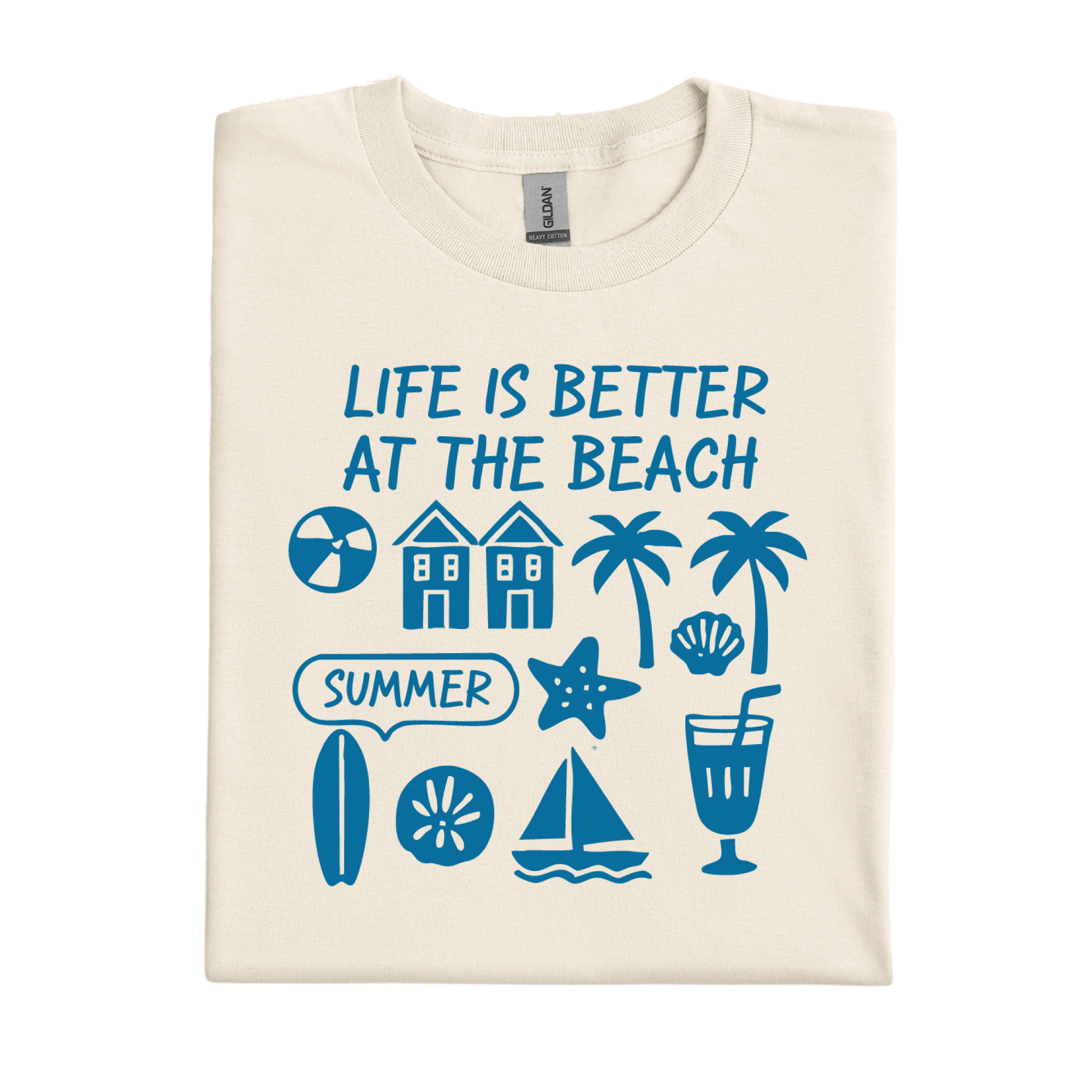 Natural t-shirt with blue beach-themed graphics and text on a white background