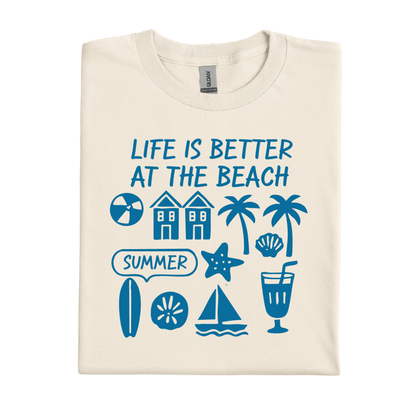 Natural t-shirt with blue beach-themed graphics and text on a white background
