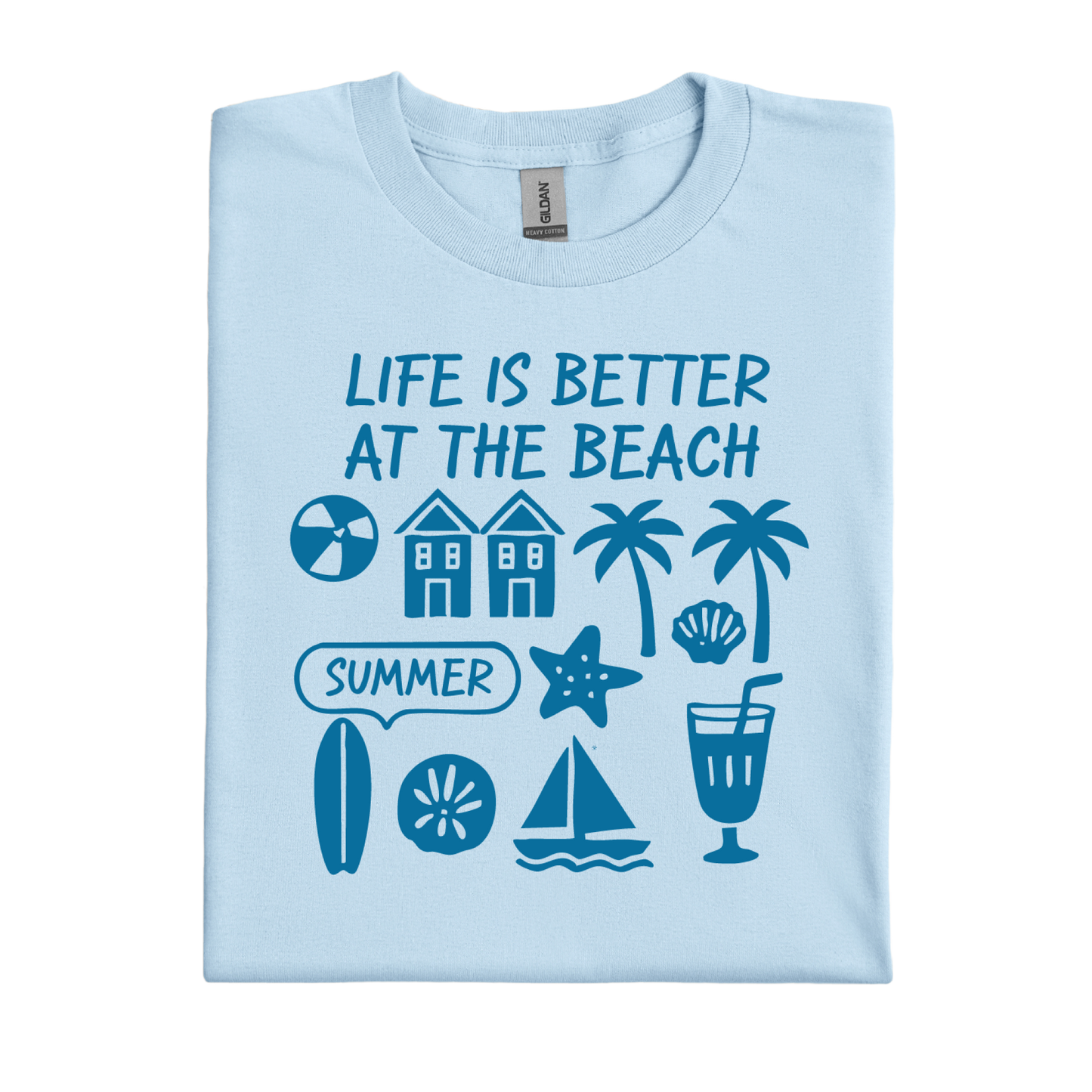 Light blue t-shirt with beach-themed graphics and text on a white background