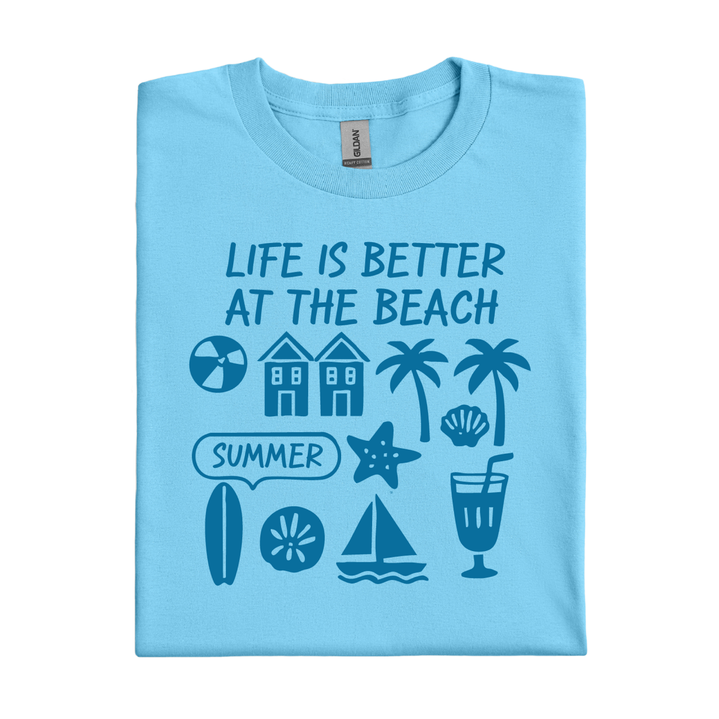 Sky blue t-shirt with beach-themed graphics and text on a white background