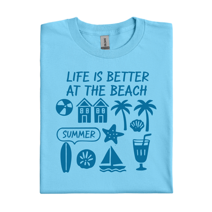 Sky blue t-shirt with beach-themed graphics and text on a white background