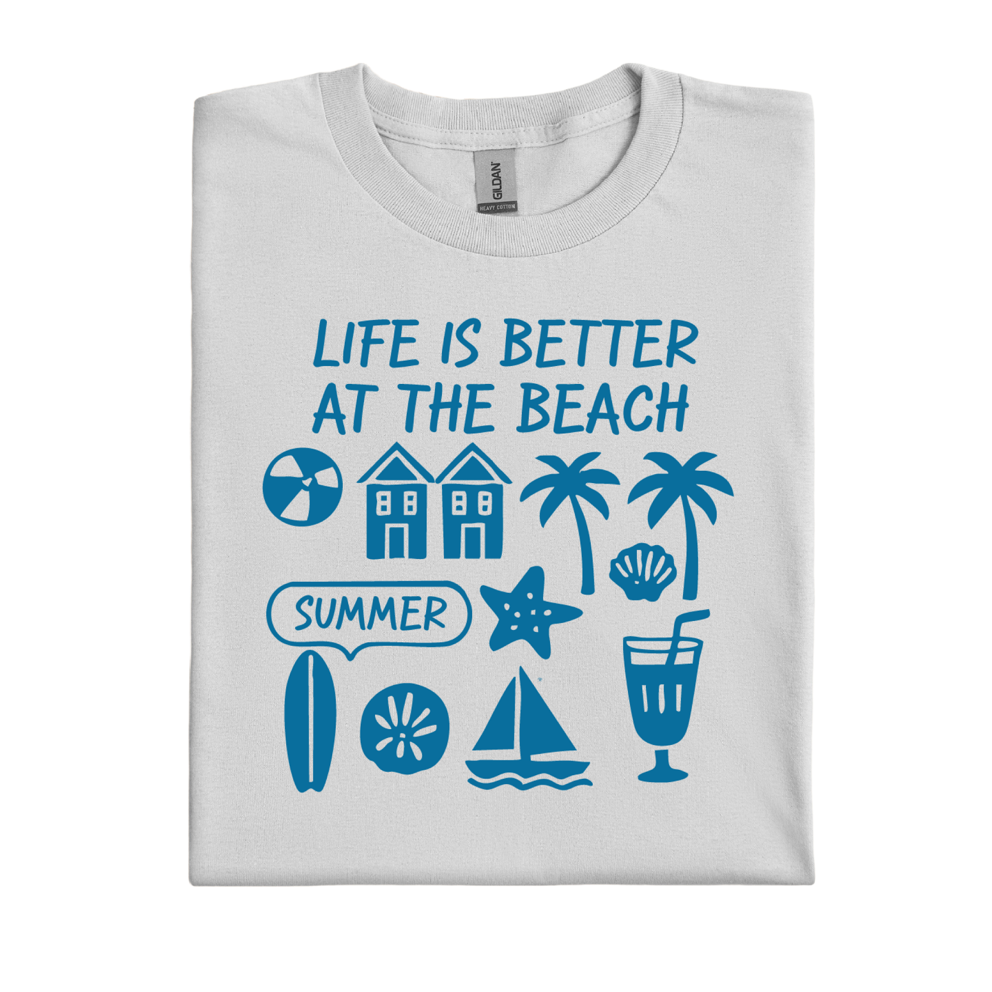 Ice Grey t-shirt with blue beach-themed graphics and text on a white background