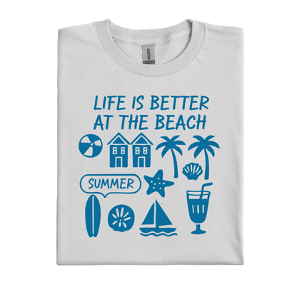 Ice Grey t-shirt with blue beach-themed graphics and text on a white background