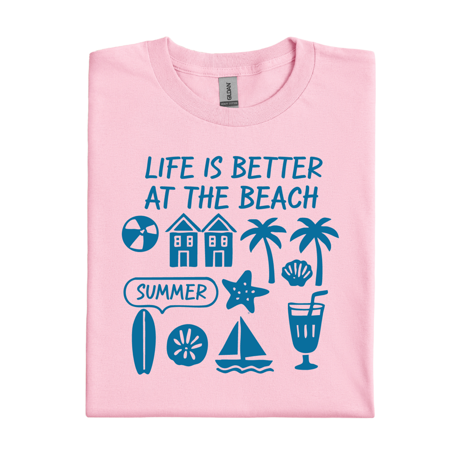 Light Pink t-shirt with blue beach-themed graphics and text on a white background