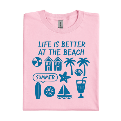 Light Pink t-shirt with blue beach-themed graphics and text on a white background