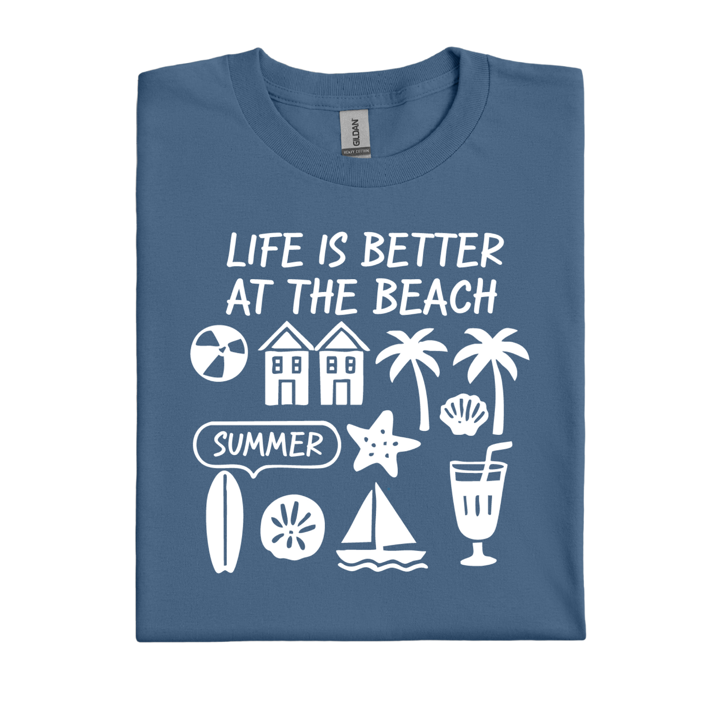 Indigo Blue t-shirt with white beach-themed graphics and text on a white background