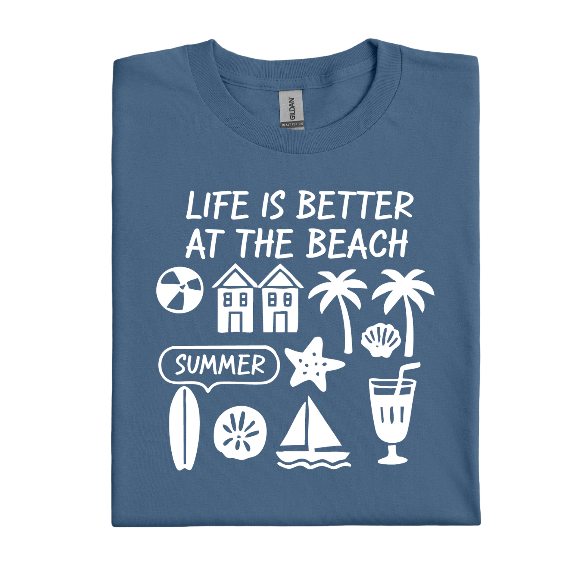 Indigo Blue t-shirt with white beach-themed graphics and text on a white background