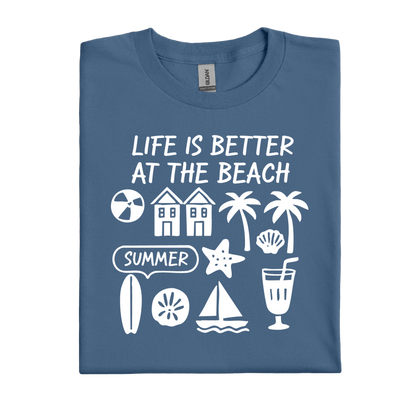 Indigo Blue t-shirt with white beach-themed graphics and text on a white background