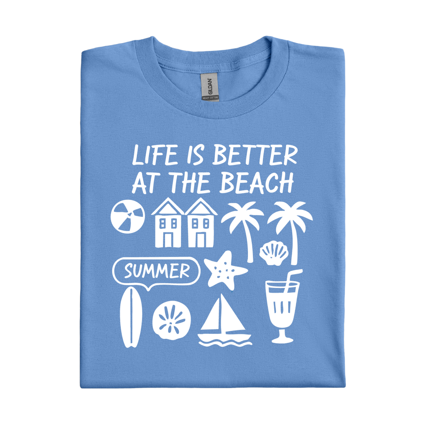 Carolina Blue t-shirt with beach-themed graphics and text on a white background