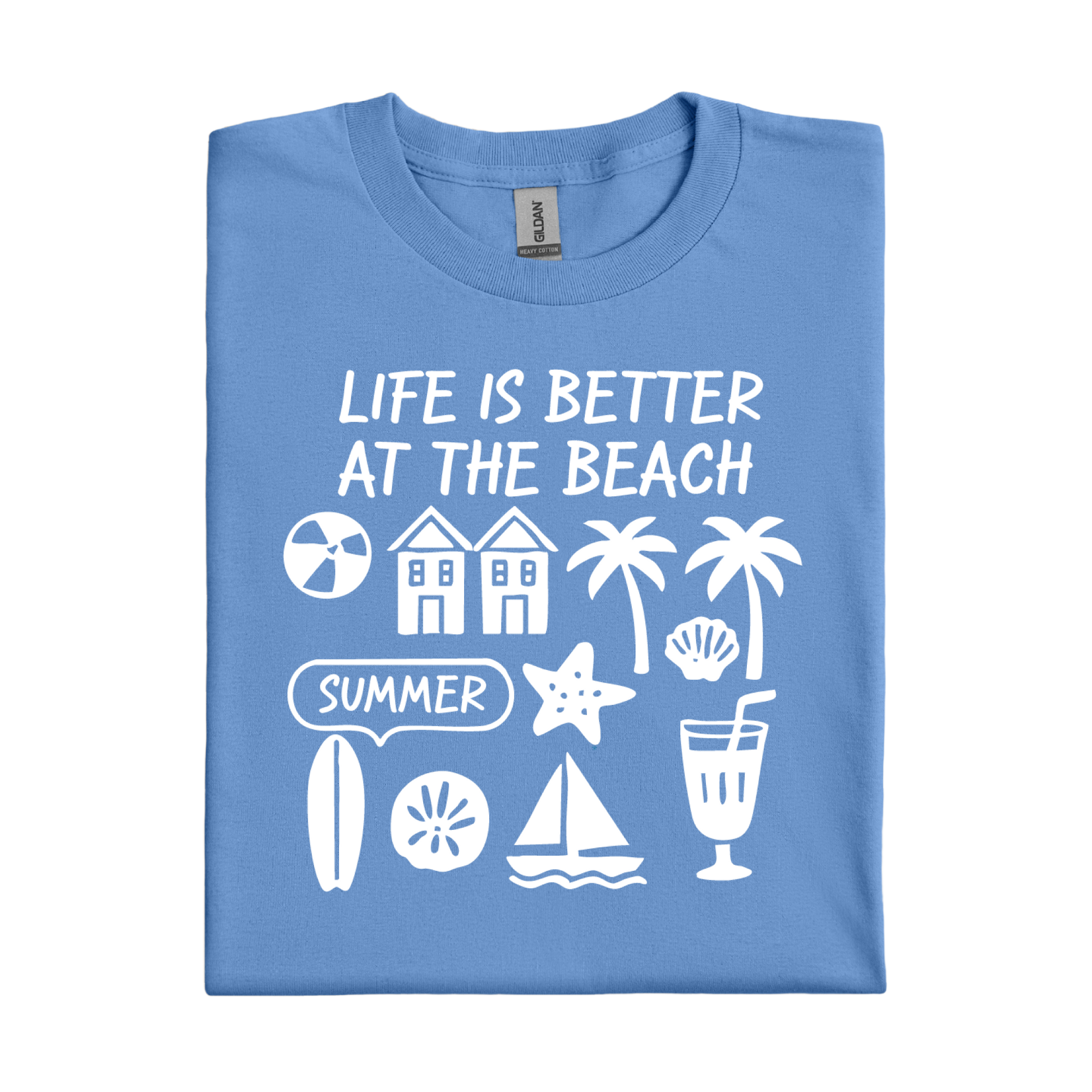 Carolina Blue t-shirt with beach-themed graphics and text on a white background