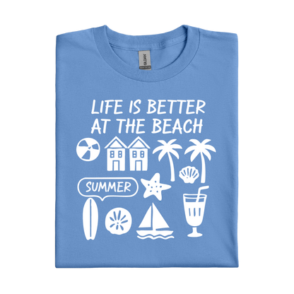 Carolina Blue t-shirt with beach-themed graphics and text on a white background