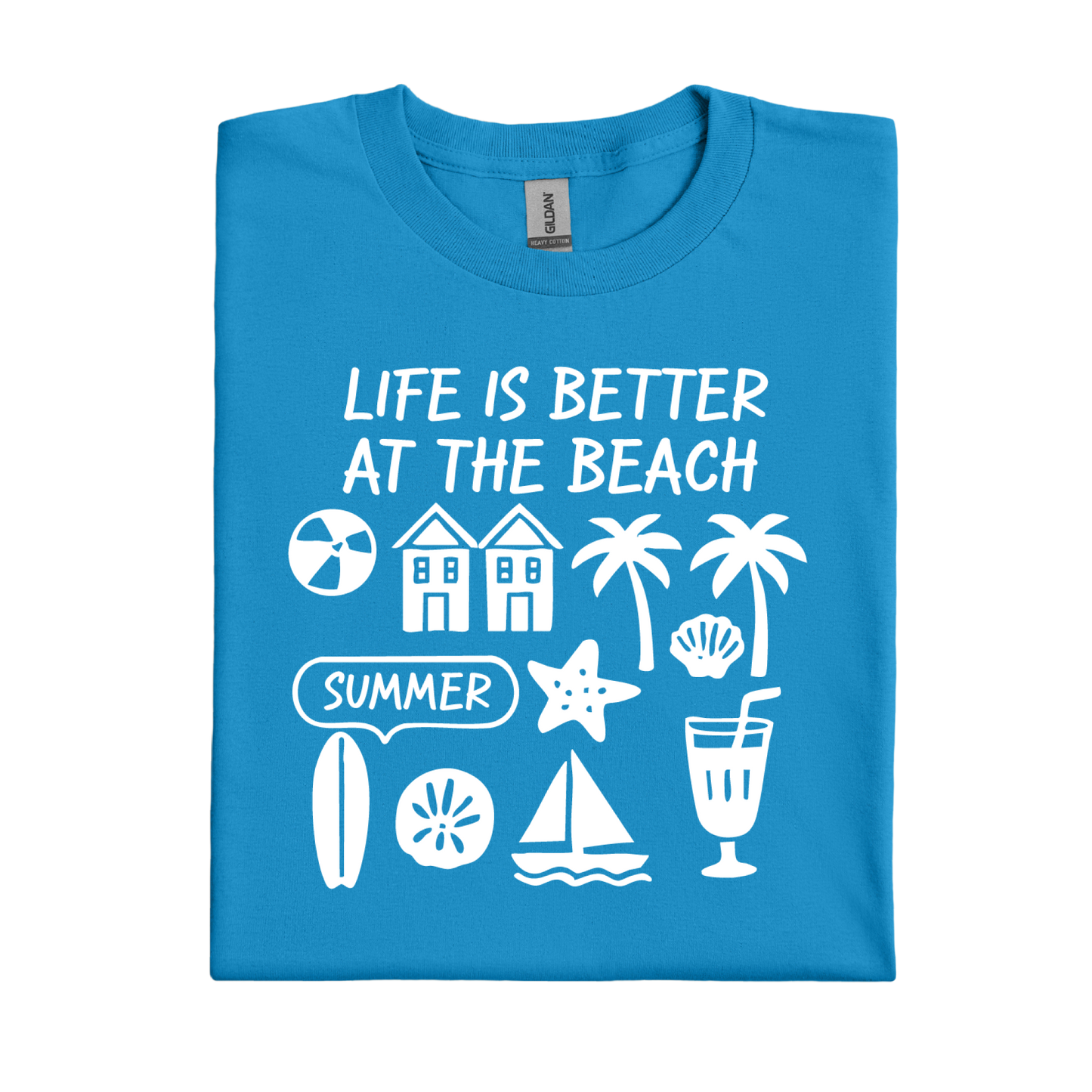 Sapphire Blue t-shirt with beach-themed graphics and text on a white background