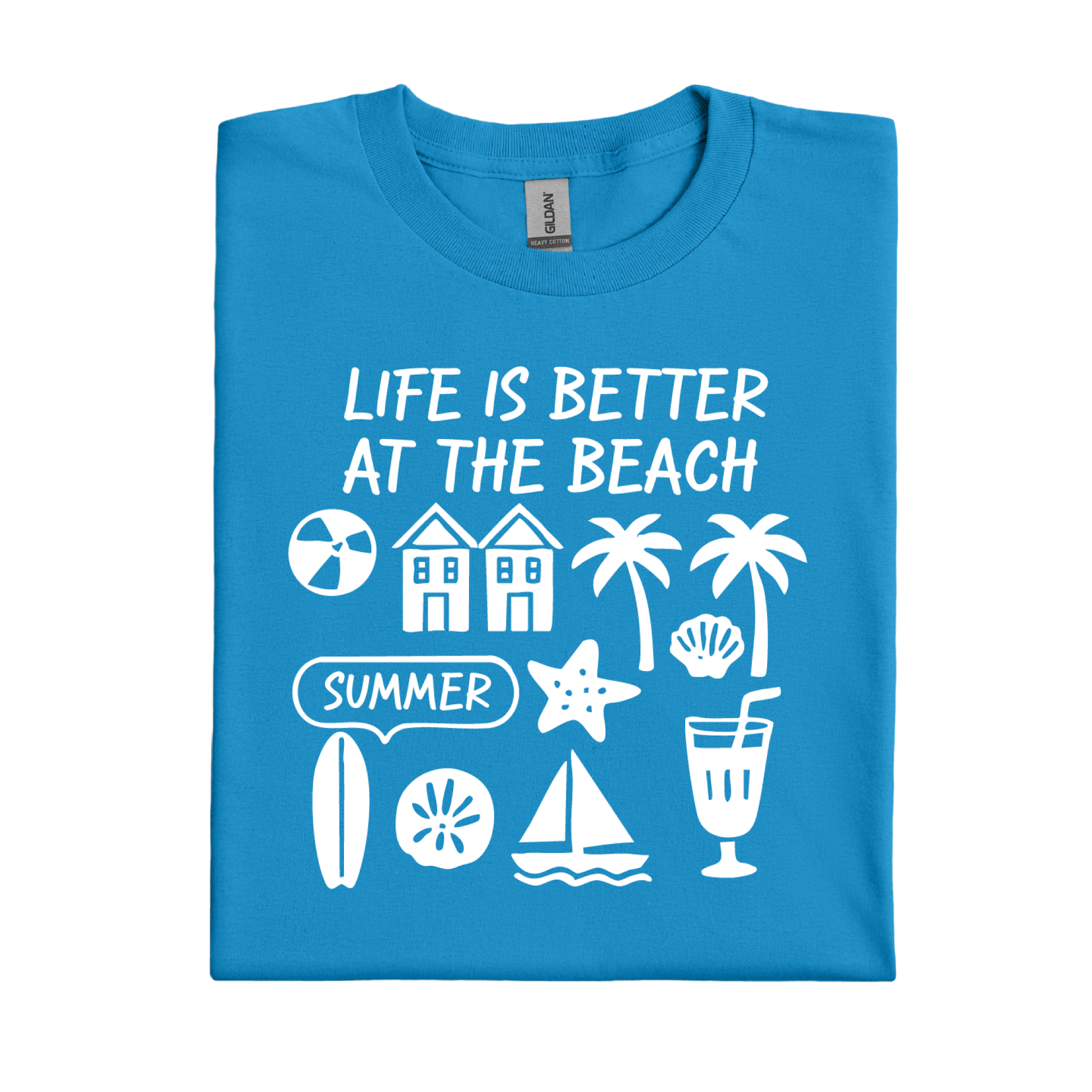 Sapphire Blue t-shirt with beach-themed graphics and text on a white background